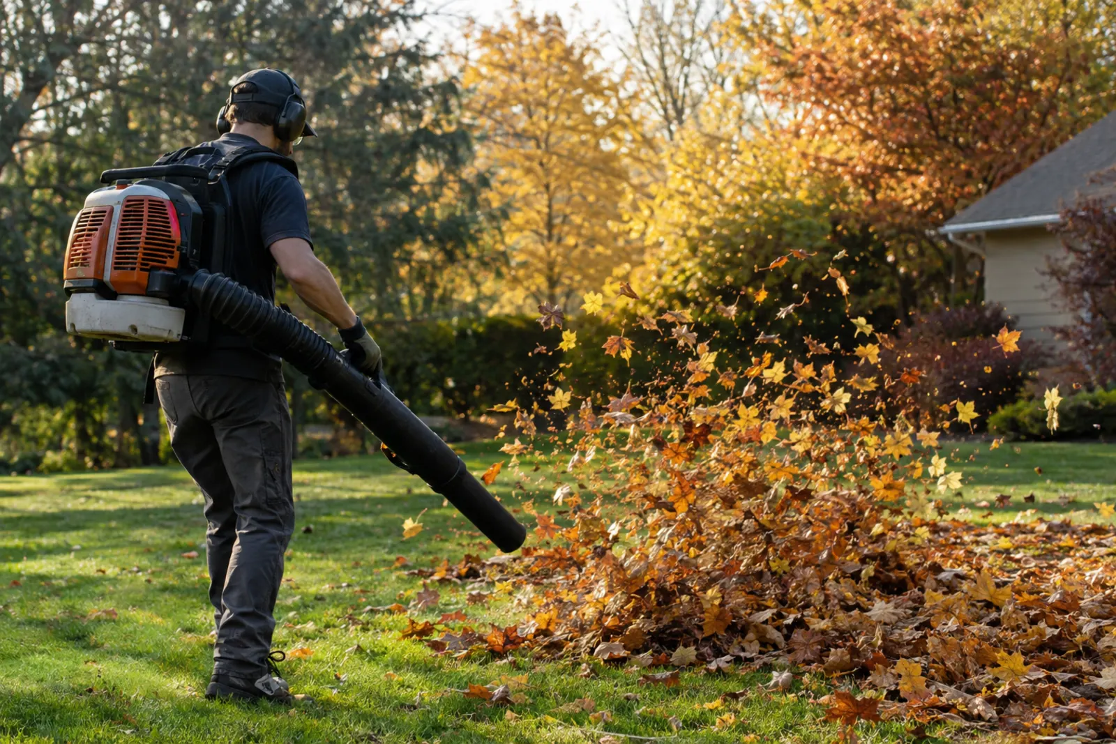 Crew member blowing a wave of golden leaves across a lawn